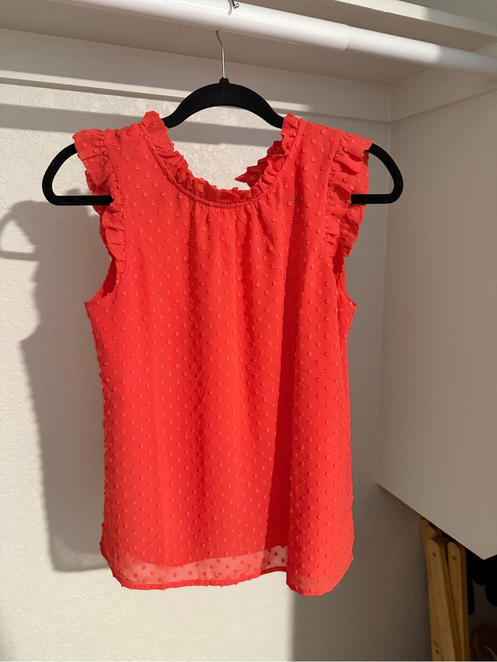 J. Crew Salmon Red Swiss Dot Ruffle Shell Top